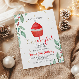 Invitación Cumpleaños uno Cupcake de Santa Navideño Maravillo