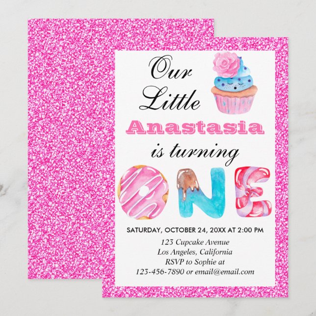 Invitación Cumpleaños uno Cupcake Rosa Brillante (Anverso / Reverso)