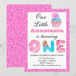 Invitación Cumpleaños uno Cupcake Rosa Brillante