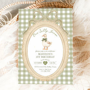 Invitación Cumpleaños uno de Bow Gingham Un Ganso Tonto