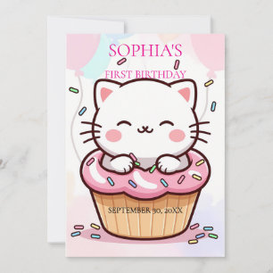 Invitación Cumpleaños Uno de Cupcake Gatito