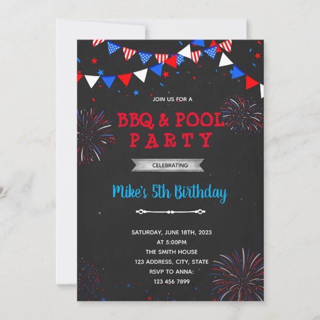 Invitación cumpleaños uno de fuegos artificiales del 4 de jul (Anverso)