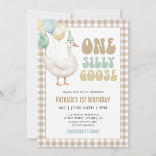 Invitación Cumpleaños Uno de Ganso Tonto en Cuadros Beige
