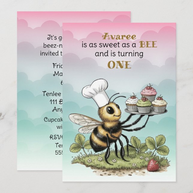 Invitación Cumpleaños uno de la pequeña abeja (Anverso / Reverso)