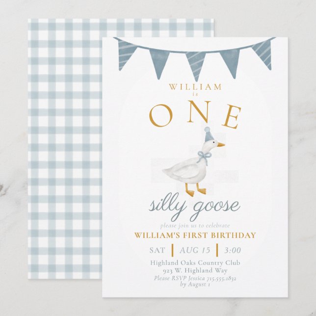 Invitación Cumpleaños uno de Niño Silly Goose Azul Gingham (Anverso / Reverso)