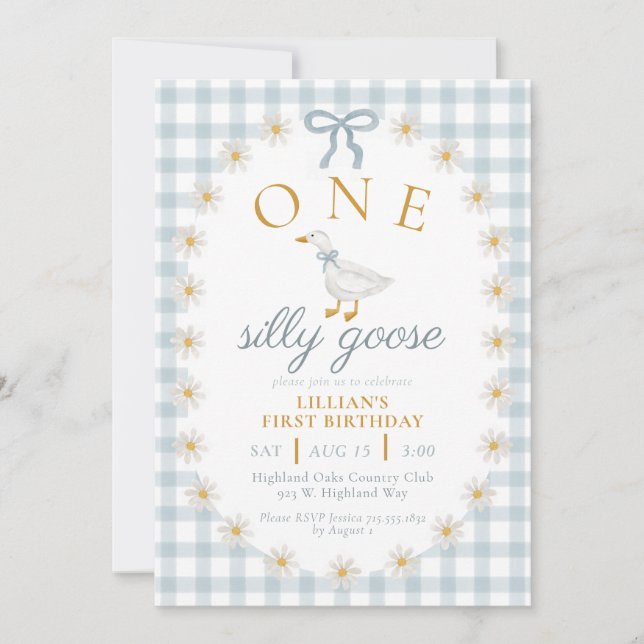 Invitación Cumpleaños uno de un ganso tonto azul de gingham d (Anverso)