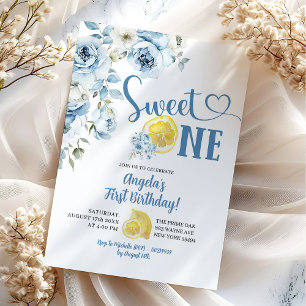 Invitación Cumpleaños Uno Dulce Floral Azul Limón