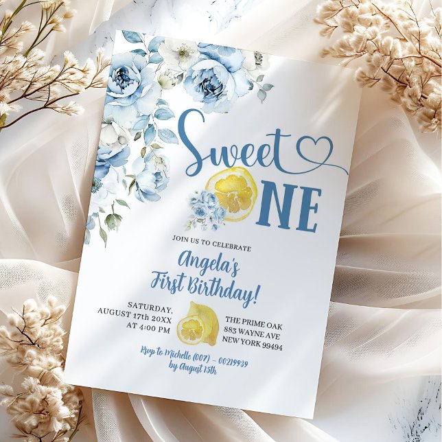Invitación Cumpleaños Uno Dulce Floral Azul Limón (Subido por el creador)