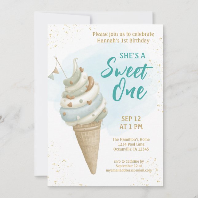 Invitación Cumpleaños Uno Dulce Helado de Verano  (Anverso)