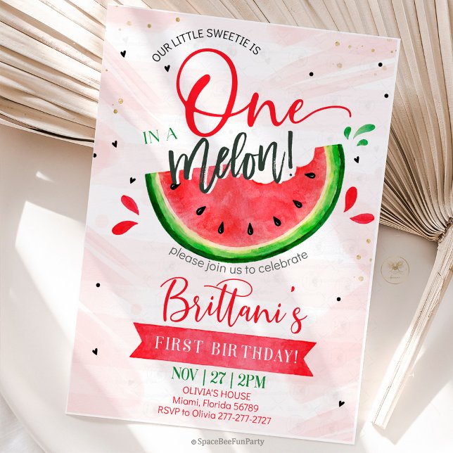 Invitación Cumpleaños Uno en un Melón (Celebrate your little sweetheart’s first birthday with this adorable “One in a Melon” watermelon-the)