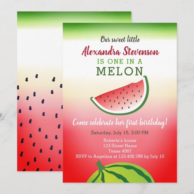 Invitación Cumpleaños uno en un melón (Anverso / Reverso)