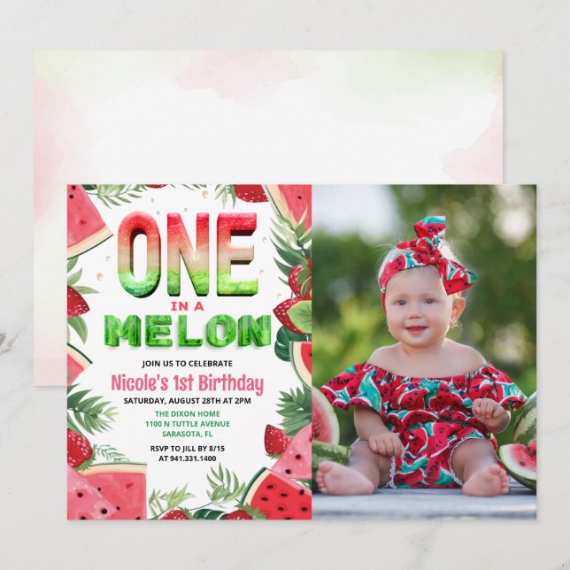 Invitación Cumpleaños Uno en un Melón Foto de Cumpleaños Núme (Anverso / Reverso)