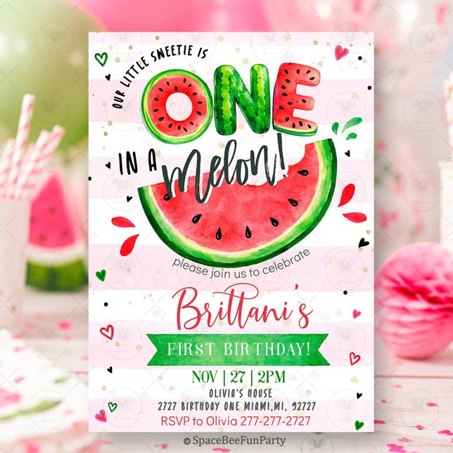 Invitación Cumpleaños Uno En Un Melón Sandía  (watermelon birthday invitation, one in a melon, first birthday invitation, summer birthday party, wa)