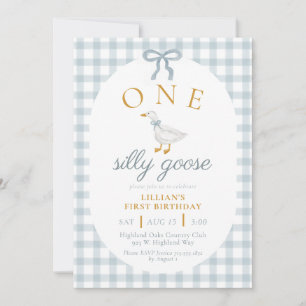 Invitación Cumpleaños Uno Ganso Tonto Azul Gingham Margarita