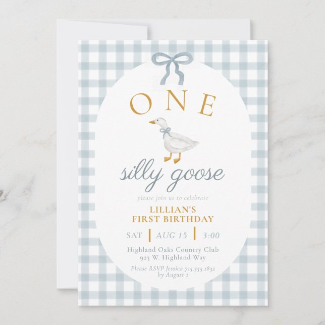 Invitación Cumpleaños Uno Ganso Tonto Azul Gingham Margarita (Anverso)