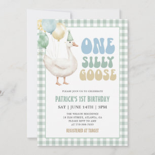 Invitación Cumpleaños Uno Ganso Tonto Verde Salvia Cuadros