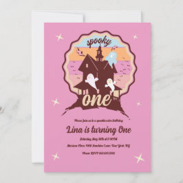 Invitación Cumpleaños Uno Halloween Fantasma Rosa Espeluznant