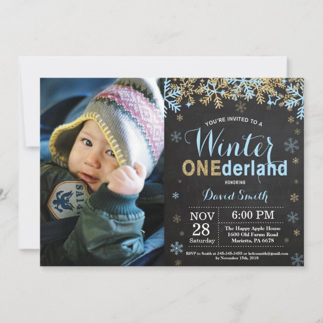 Invitación Cumpleaños Uno Invierno Onederland Azul (Anverso)