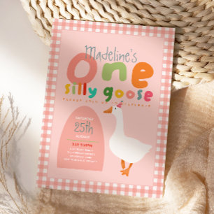Invitación Cumpleaños Uno Niñas Un Ganso Tonto de Cuadros Ros