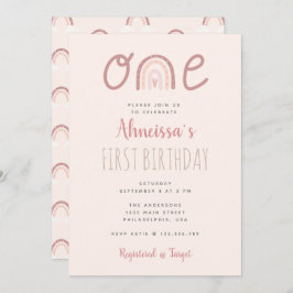 Invitación Cumpleaños Uno Nubes Arcoíris Rosa Pastel
