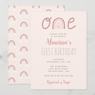 Invitación Cumpleaños Uno Nubes Arcoíris Rosa Pastel
