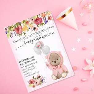 Invitación Cumpleaños Uno Oso de Peluche Rosa Niña 