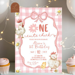 Invitación Cumpleaños uno Pollita Linda Gingham Rosa Daisy