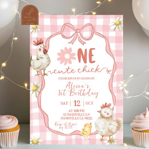 Invitación Cumpleaños uno Pollita Linda Gingham Rosa Daisy