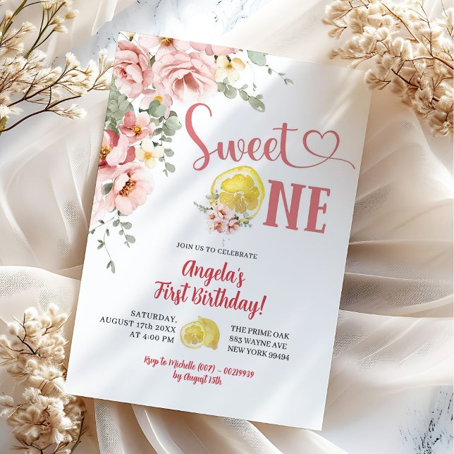 Invitación Cumpleaños Uno Primero Floral Rosa Limón Dulce (Subido por el creador)