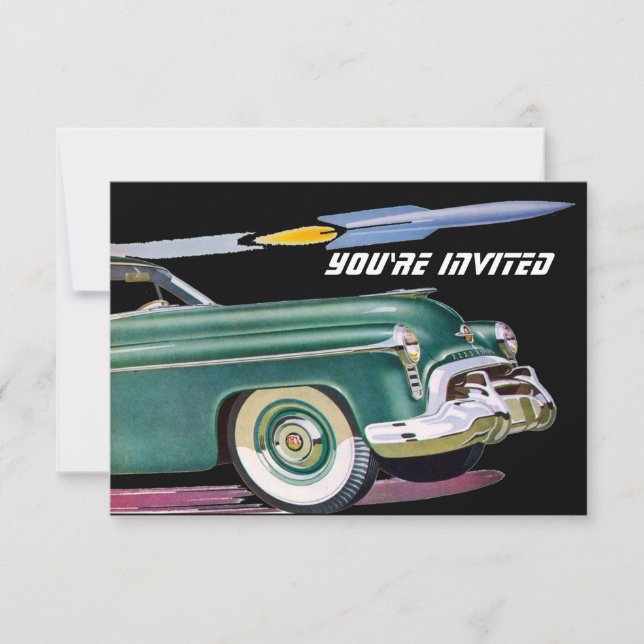 Invitación Cumpleaños V2 de Coche Retro y Cohetes (Anverso)