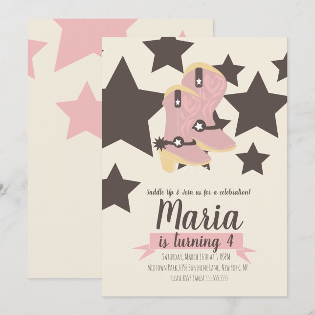 Invitación Cumpleaños Vaquera Estrellas Rosas (Anverso / Reverso)