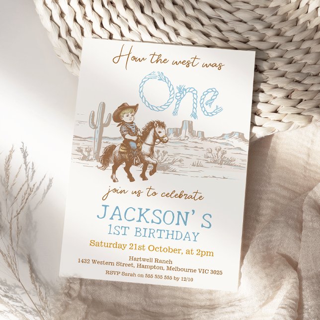 Invitación Cumpleaños Vaquero Azul Antiguo Cómo Era el Oeste  (How the West Was One Invitation for Baby Boy, Cowboy 1st Birthday Invitation Template
Western )