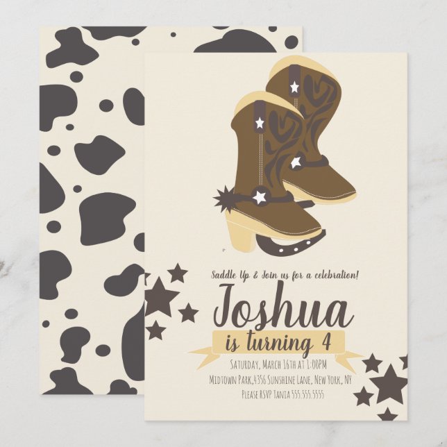 Invitación cumpleaños vaquero estampado de vaca ma (Anverso / Reverso)