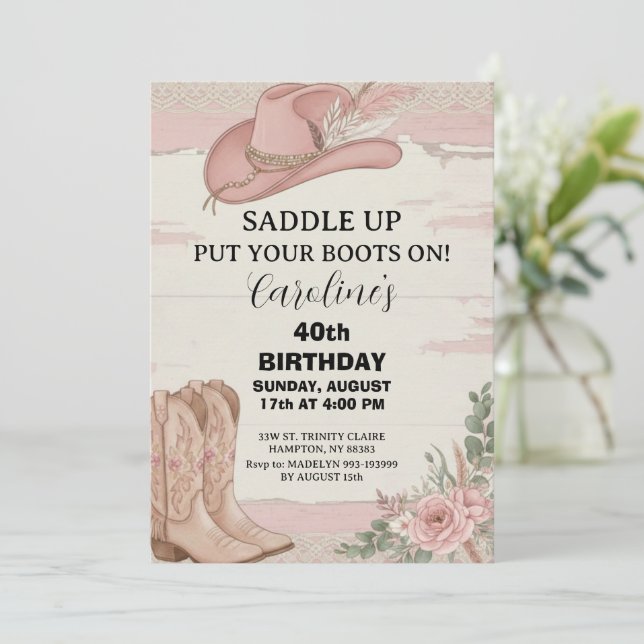 Invitación Cumpleaños Vaquero Rosa Boho Occidental  (Anverso de pie)