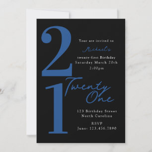 Invitación Cumpleaños Veintiuno 21 Moderno Azul Negro