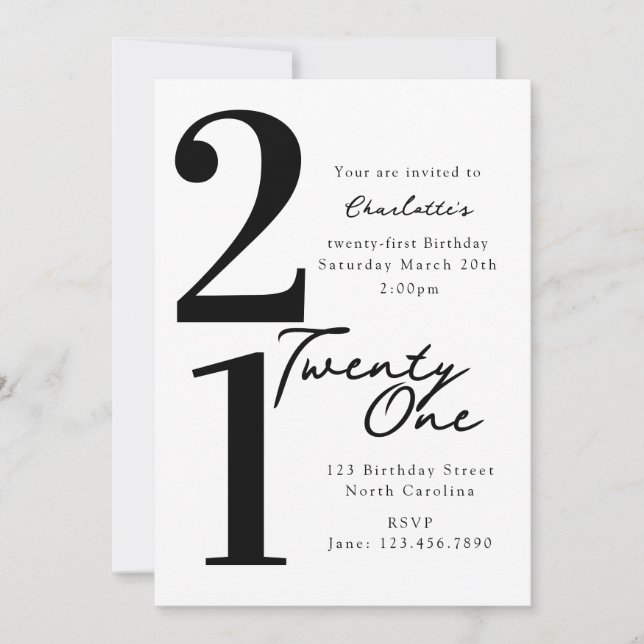 Invitación Cumpleaños Veintiuno 21 Moderno Blanco Negro (Anverso)