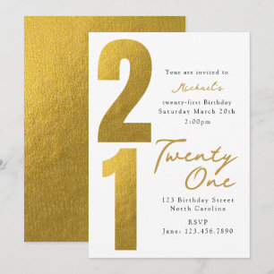 Invitación Cumpleaños Veintiuno 21 Moderno de Oro Blanco