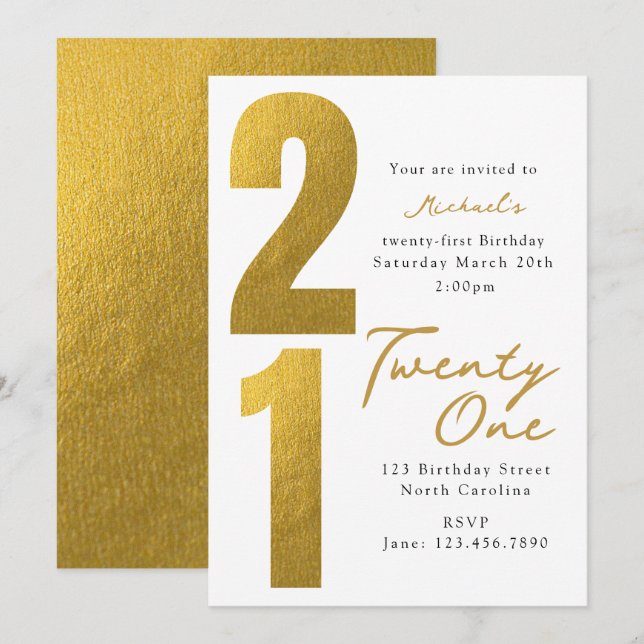 Invitación Cumpleaños Veintiuno 21 Moderno de Oro Blanco (Anverso / Reverso)