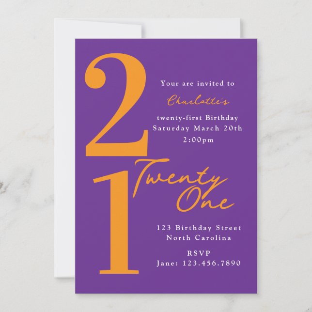 Invitación Cumpleaños Veintiuno 21 Moderno Naranja Púrpura (Anverso)