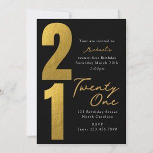 Invitación Cumpleaños Veintiuno 21 Moderno Negro Oro