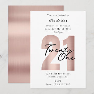 Invitación Cumpleaños Veintiuno 21 Moderno Rosa Dorado