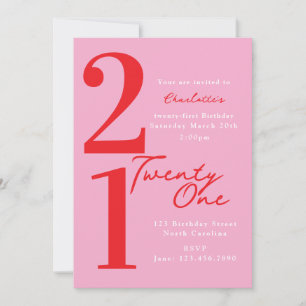Invitación Cumpleaños Veintiuno 21 Moderno Rosa Rojo