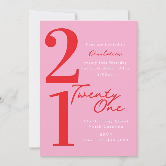 Invitación Cumpleaños Veintiuno 21 Moderno Rosa Rojo (Anverso)