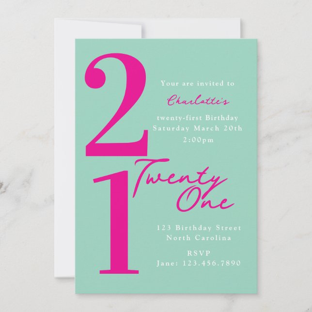 Invitación Cumpleaños Veintiuno 21 Moderno Rosa Verde (Anverso)
