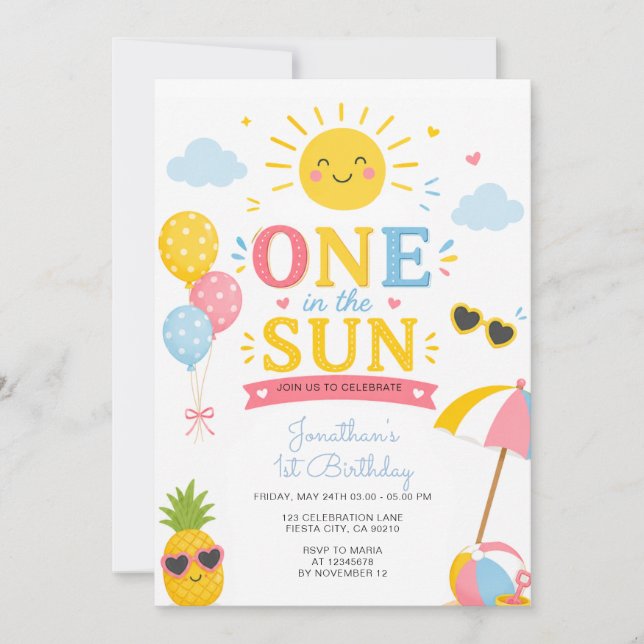 Invitación Cumpleaños Verano Uno en el Sol Primer Cumpleaños (Anverso)