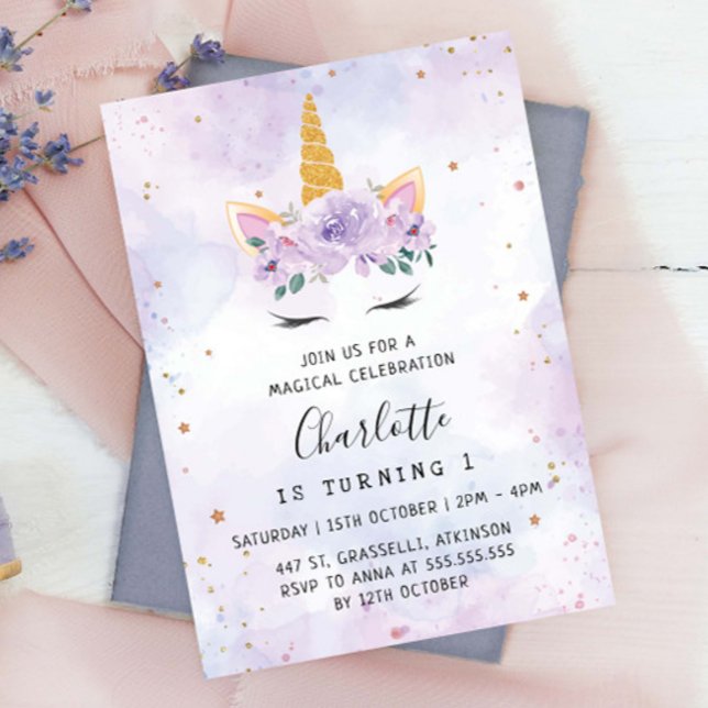 Invitación Cumpleaños Verde azulado morado Unicornio de Gold  (Subido por el creador)