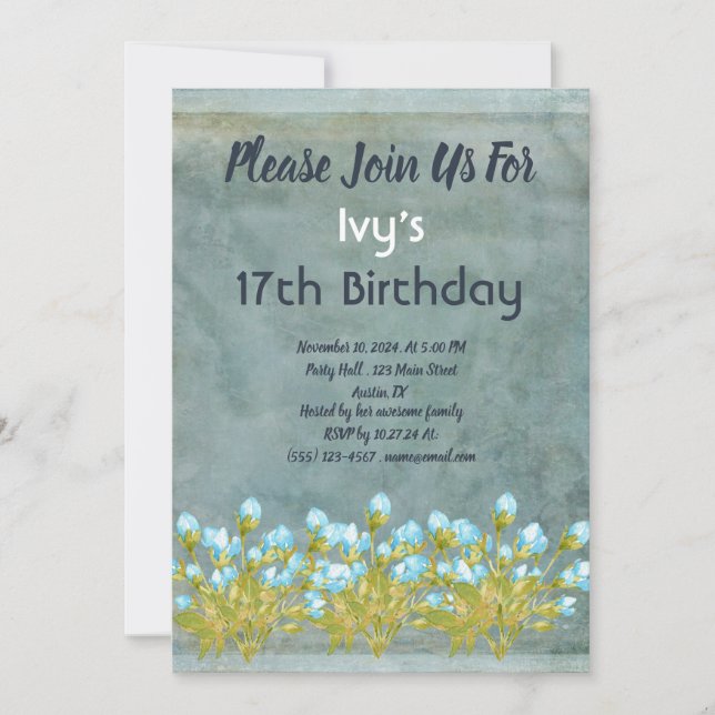 Invitación Cumpleaños Verde azulado y Rústico (Anverso)