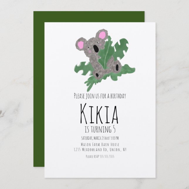 Invitación Cumpleaños Verde de Animal Dibujado a Mano Koala (Anverso / Reverso)