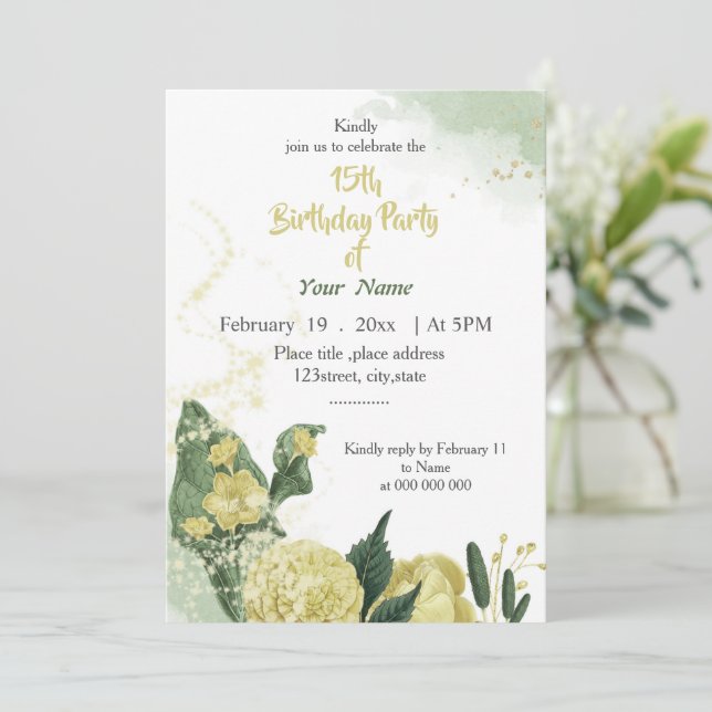 Invitación cumpleaños verde de flores amarillas (Anverso de pie)