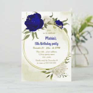 Invitación cumpleaños verde de flores blancas azules reales